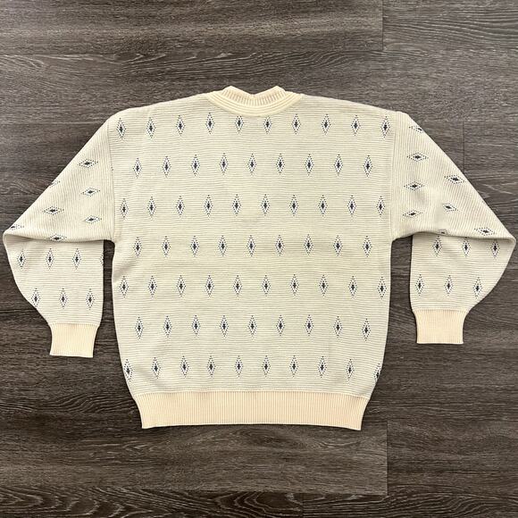 EUC Vintage St. Croix Knits Wool V Neck Sweater Cream Blue Diamond USA Made Sz L - Picture 5 of 16